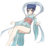 1girl arute_arisu bare_shoulders blue_hair brown_eyes detached_sleeves fairy_tail highres japanese_clothes sash short_hair_with_long_locks simple_background smile solo wendy_marvell white_background 