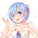  1girl aimee_(origin) bare_arms bare_shoulders blue_eyes blue_hair breasts cleavage collarbone crying crying_with_eyes_open dress hair_ornament hair_over_one_eye hair_ribbon hand_on_own_chest happy_tears medium_breasts open_mouth petals re:zero_kara_hajimeru_isekai_seikatsu rem_(re:zero) ribbon short_hair simple_background solo tears teeth upper_body white_background white_dress x_hair_ornament 