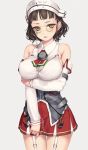 breast_hold breasts brown_eyes brown_hair detached_sleeves garter_straps glasses headwear holding_arm kantai_collection large_breasts rokuwata_tomoe roma_(kantai_collection) short_hair white_background 