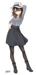  1girl 2016 black_boots black_legwear boots breasts brown_hair closed_mouth commentary_request dated eyebrows eyebrows_visible_through_hair fedora grey_hat grey_shirt grey_skirt hair_between_eyes hair_over_shoulder hand_on_headwear hand_on_hip hat highres long_hair looking_at_viewer medium_breasts original pantyhose pleated_skirt shirt skirt smile solo twitter_username unasaka_ryou white_background yellow_eyes 
