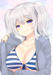  1girl bikini bikini_under_clothes blue_eyes breasts kantai_collection kashima_(kantai_collection) large_breasts looking_at_viewer silver_hair smile solo striped striped_bikini swimsuit swimsuit_under_clothes tsurime twintails watanohara wavy_hair 