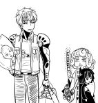  1boy 1girl bag bald black_sclera character_doll cyborg dakimakura_(object) disgust dress earrings fubuki_(one-punch_man) genos jewelry looking_back monochrome mytyl one-punch_man pillow saitama_(one-punch_man) shopping_bag short_hair tatsumaki 