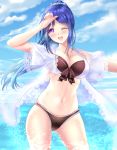  big_breasts bikini blue_hair blush long_hair love_live!_sunshine!! matsuura_kanan ponytail purple_eyes smile water wink 