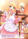  3girls :d animal animal_on_head apron bangs blonde_hair blue_eyes blue_hair blunt_bangs blush brown_eyes brown_hair cat cat_on_head closed_eyes drink drinking_straw female food frills highres ice_cream looking_at_viewer looking_up maid maid_cafe moe2016 multiple_girls notori_d omurice open_mouth pantyhose scratching smile solo_focus thigh-highs tray v_arms white_legwear 