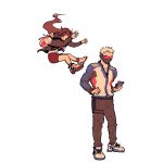 1boy 1girl 97_(eyli771199) backpack bag brown_hair brown_pants covered_mouth d.va_(overwatch) face_mask facepaint facial_mark full_body grey_hair hand_on_hip headphones holster hood hood_down hooded_jacket jacket long_hair long_sleeves mask midair open_clothes open_jacket overwatch pants scar scar_across_eye shirt shoes short_hair short_shorts shorts simple_background soldier:_76_(overwatch) solo standing thigh_holster thigh_strap visor whisker_markings white_background white_hair white_shirt zipper 