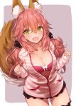  1girl animal_ears artist_name blush breasts cleavage cowboy_shot eyebrows eyebrows_visible_through_hair fangs fate/extra fate_(series) fox_ears fox_tail frills highres large_breasts long_hair looking_at_viewer open_mouth pink_hair scrunchie solo striped tail tamamo_(fate)_(all) tamamo_no_mae_(fate) thigh-highs twintails unzipped yaman yellow_eyes zipper 