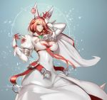  1girl :q aqua_eyes breasts cleavage cleavage_cutout clover covered_navel dress earrings elphelt_valentine four-leaf_clover gloves guilty_gear guilty_gear_xrd hairband highres jewelry large_breasts looking_at_viewer monaim pink_hair ribbon short_hair solo spikes tongue tongue_out white_gloves 