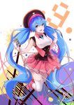  1girl absurdres blue_eyes blue_hair full_body hat hatsune_miku highres loading_(vkjim0610) long_hair looking_at_viewer microphone microphone_stand open_mouth skirt solo thigh-highs twintails very_long_hair vocaloid 