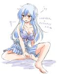  1girl bare_shoulders blue_hair breasts cleavage commentary_request directional_arrow drowsy kamishirasawa_keine red_eyes solo touhou translation_request unya 