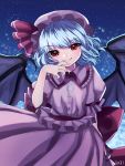  1girl arm_garter bat_wings blue_hair eyebrows eyebrows_visible_through_hair frilled_shirt_collar frills hakusai_ponzu hat hat_ribbon looking_at_viewer mob_cap night pink_hat pink_shirt pink_skirt puffy_short_sleeves puffy_sleeves red_eyes red_ribbon remilia_scarlet ribbon sash shirt short_hair short_sleeves skirt sky smile solo star_(sky) starry_sky touhou upper_body wing_collar wings 