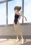  brown_eyes brown_hair competition_swimsuit feet flat_chest hands legs one-piece_swimsuit original school_swimsuit short_hair stretch swimsuit tarou 