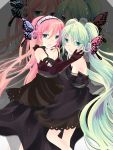  aqua_eyes aqua_hair bad_id black_dress butterfly_wings dress elbow_gloves fingerless_gloves gloves hatsune_miku headphones highres long_hair magnet_(vocaloid) megurine_luka multiple_girls pink_hair suzu_(pixiv434527) twintails vocaloid wings yuri 