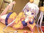  barefoot fang feet game_cg hands leg_up lying on_stomach pocky purple_eyes sachiko_(toppara) toppara twintails violet_eyes 