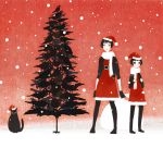  bird bob_cut cat christmas dress fingerless_gloves flat_color gloves hat kumaori_jun original pantyhose santa_costume scarf snow surreal tree 