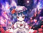  blue_hair bracelet bust choker eyelashes flower full_moon hat jewelry looking_at_viewer moon nail_polish night night_sky petals red_eyes red_rose remilia_scarlet rose rose_petals scarlet_devil_mansion sho_(artist) short_hair sky solo touhou tsurime 