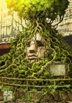 highres no_humans original overgrown roots scenery sign statue tokyogenso tree 