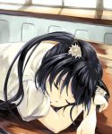  animal_ears bad_id black_hair cat_ears closed_eyes desk k-on! long_hair nakano_azusa school_uniform sleeping solo twintails 