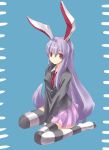  blazer bunny_ears long_hair looking_at_viewer nabeshima_tetsuhiro necktie purple_hair rabbit_ears red_eyes reisen_udongein_inaba simple_background skirt smile striped striped_legwear striped_thighhighs thigh-highs thighhighs touhou v_arms zettai_ryouiki 