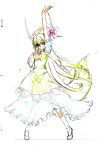  arm_up dress ex-keine ex_keine h-new horn_ribbon horns kamishirasawa_keine long_hair outstretched_arm production_art ribbon see-through sketch smile standing tail tiptoes touhou traditional_media 