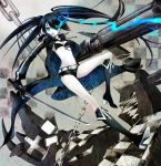  bikini_top black_hair black_rock_shooter black_rock_shooter_(character) blue_eyes boots cape chain chains cocoon_(loveririn) flat_chest front-tie_top glowing glowing_eyes katana long_hair midriff navel scar shorts solo sword twintails weapon 