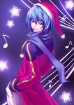  blue_eyes blue_hair christmas hand_in_pocket hat kaito kaizeru looking_back male musical_note santa_hat scarf short_hair solo vocaloid 