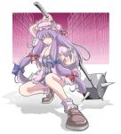  1girl ankle_garter ao_usagi bookshelf bow breasts cleavage crescent hair_bow hat library long_hair mace patchouli_knowledge purple_eyes purple_hair shoes solo touhou voile weapon wink wrist_cuffs 