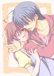  blue_hair brown_eyes brown_hair clannad closed_eyes furukawa_nagisa husband_and_wife okazaki_tomoya short_hair wink yuzuki_kisa 