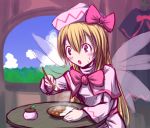 blush bow curry eating food hat lily_white long_hair no_nose solo spoon touhou verynezumi wings 