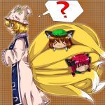  &gt;_&lt; =_= ? animal_ears blonde_hair braid brown_hair cat_ears chen chibi earrings error fox_tail hair_ribbon hat jewelry kaenbyou_rin multi_tail multiple_tails naruseyua red_hair redhead ribbon short_hair tail tail_hug touhou twin_braids twintails x3 yakumo_ran yellow_eyes 