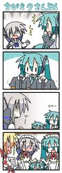  &gt;_&lt; /\/\/\ 0_0 4koma alternate_costume apron blush braid chibi chibi_miku closed_eyes comic cosplay embarrassed enmaided hatsune_miku kagamine_len maid maid_headdress minami_(colorful_palette) ribbon silent_comic vocaloid voyakiloid yowane_haku |_| 