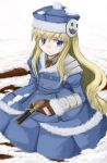  :&lt; armor blonde_hair blood blue_eyes coat gun gunner hat kneeling long_hair necktie sekaiju_no_meikyuu shimo_(depthbomb) snow weapon 