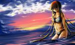 1girl akiyama_mio beach bikini black_hair blue_eyes dengshuyu dutch_angle k-on! solo sunset swimsuit 