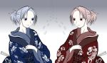  2girls blue_eyes blue_hair footprints japanese_clothes kimono pale_skin red_eyes redhead short_hair 