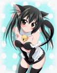  apron bell bikini_top black_hair blush breast_squeeze breasts brown_eyes cat_bell cat_ears cleavage covering covering_crotch elbow_gloves gloves jingle_bell k-on! momoiro_tanuki nakano_azusa polka_dot shadow skirt_tug solo thigh-highs thighhighs twintails 