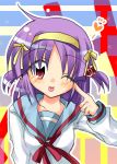  cosplay hairband hayate_no_gotoku! kuriyuzu_kuryuu parody purple_hair red_eyes school_uniform segawa_izumi short_hair solo suzumiya_haruhi suzumiya_haruhi_(cosplay) suzumiya_haruhi_no_yuuutsu twintails wink 