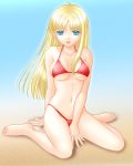  akemi_(artist) alfin barefoot bikini blonde_hair blue_eyes crusher_joe kneeling long_hair sand swimsuit 