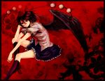  bad_id black_hair black_legwear black_wings border geta hat kneehighs mizutsuki red red_eyes shameimaru_aya short_hair smile socks solo tengu-geta tokin_hat touhou wings 