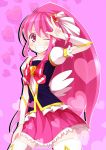  1girl aino_megumi bush cure_lovely grin happinesscharge_precure! heart long_hair magical_girl panji pink_background pink_eyes pink_hair ponytail precure ribbon skirt smile solo thighhighs wink 