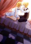  bed blonde_hair blue_eyes cendrillon_(vocaloid) dress hair_ornament hairclip highres kagamine_len kagamine_rin kneeling necktie ryou_(fallxalice) ryou_(pixiv247657) short_hair siblings smile twins vocaloid white_dress 