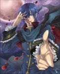  blue_eyes blue_hair earrings fangs frills full_moon hair_over_one_eye jewelry kaito male moon nail_polish petals solo vocaloid yami_no_ou_(vocaloid) 