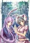  animal_ears bamboo bamboo_forest black_hair blazer bunny_ears carrot crescent forest full_moon inaba_tewi jewelry lavender_hair lilithbloody long_hair midriff moon multiple_girls nature night pendant purple_hair rabbit_ears red_eyes reisen_udongein_inaba short_hair symmetrical_hand_pose touhou 