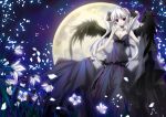  demon_girl devil dress flower lilithbloody moon petals pointy_ears red_eyes twintails white_hair wings 