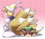  2girls :o animal_ears blonde_hair brown_hair cat_ears chen closed_eyes earrings fox_tail hat jewelry multiple_girls multiple_tails outstretched_arms polka_dot polka_dot_background pure_(artist) tail touhou yakumo_ran yellow_eyes 