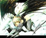  blonde_hair claws demon_tail demon_wings green_eyes highres horns kotoba_noriaki original short_hair smile tail wings 