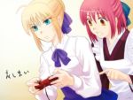  2girls blouse controller fate/stay_night fate_(series) game_controller gamepad girls_playing_games kohaku multiple_girls playing_games playstation_2 saber tsukihime video_game 