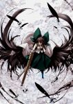  1girl arm_cannon black_hair black_wings bow cape feathers hair_bow long_hair looking_at_viewer page reiuji_utsuho shirt skirt solo thigh-highs touhou weapon wings yellow_eyes 