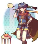  blue_hair boned_meat cape fire_emblem fire_emblem:_souen_no_kiseki fire_emblem_path_of_radiance food gloves headband ike male meat nintendo stool super_smash_bros. sword translated weapon 