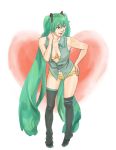  cleavage green_hair hatsune_miku long_hair open_clothes open_shirt panties pooo shirt smile thigh-highs thighhighs twintails underwear very_long_hair vocaloid 