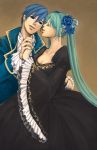  black_dress blue_eyes blue_hair blue_rose breasts cantarella_(vocaloid) cleavage closed_eyes dress earrings flower hand_holding hatsune_miku holding_hands jewelry kaito long_hair nail_polish rose twintails vocaloid 