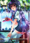  1girl aomaru_kazumi chopsticks clannad fujibayashi_kyou highres long_hair lunchbox purple_hair school_uniform thigh-highs violet_eyes 